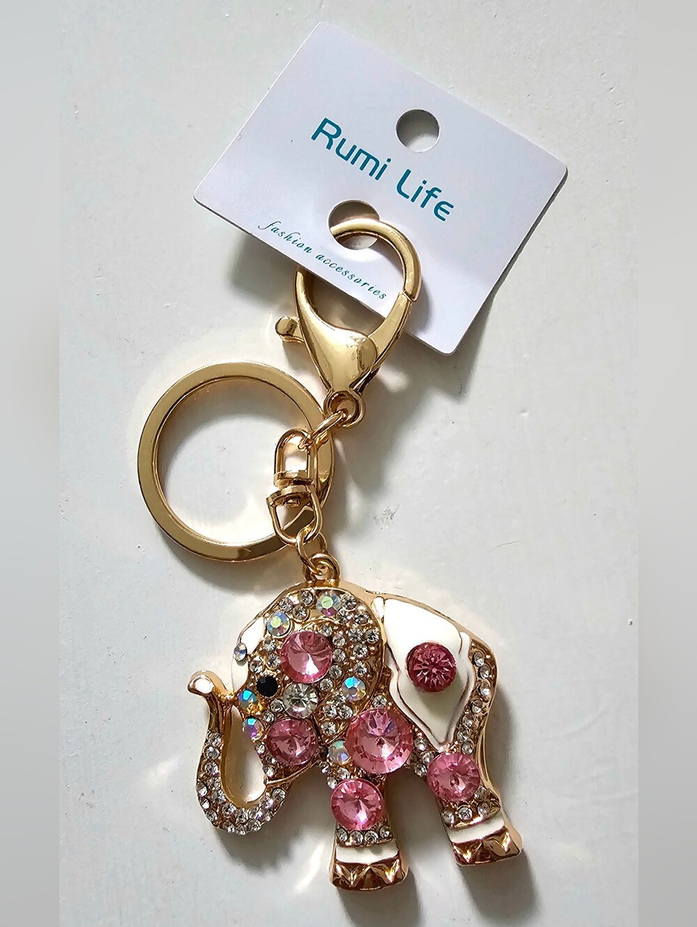 Thailand Elephant Keychain Rhinestone Crystal Pink Gold Key Ring Bag Charm